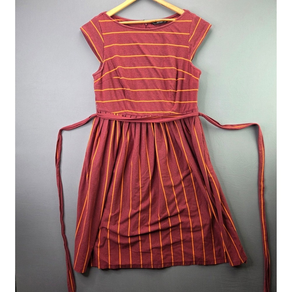 eShakti Dress Fit & Flare Midi Custom Sz M Burgundy Orange Stripe Cap Sleeve Tie